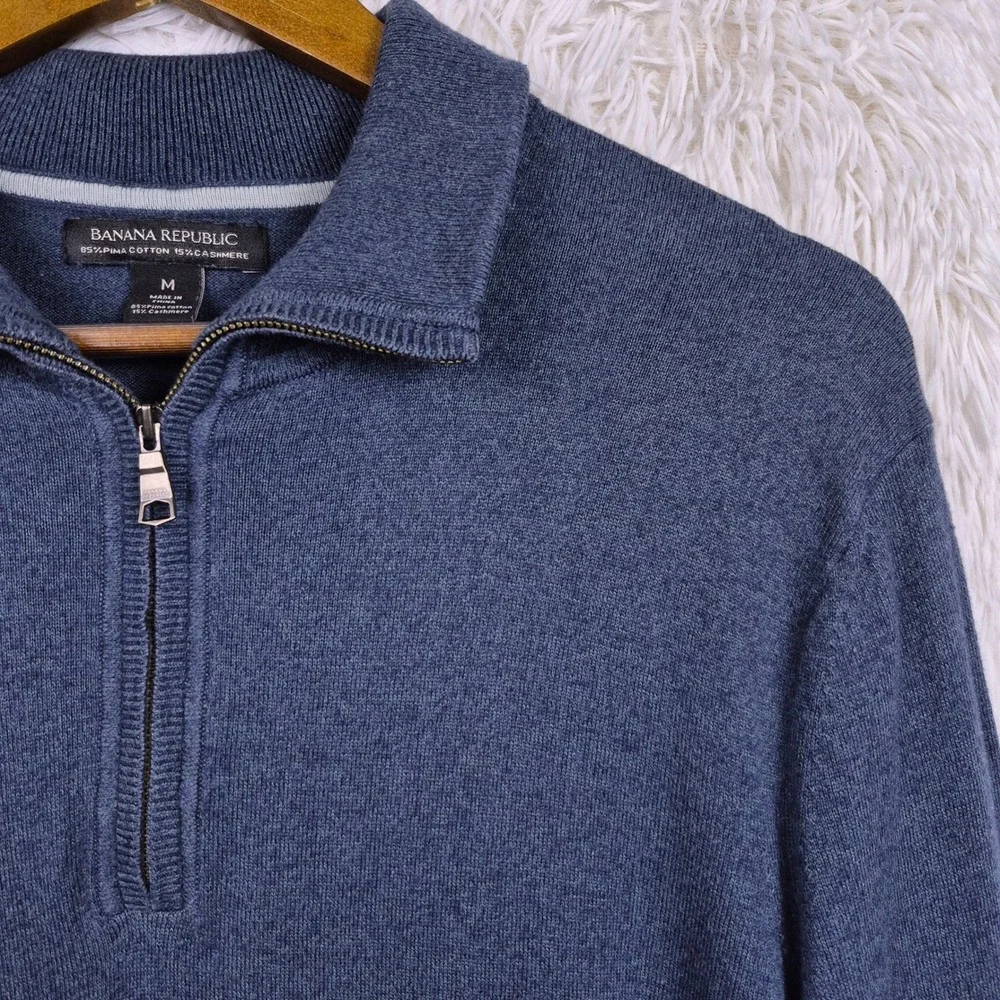 Banana Republic Mens Medium Blue Pima Cotton Cashmere Quarter Zip Sweater